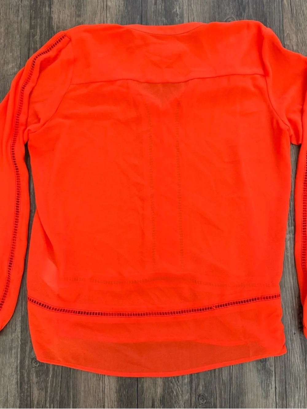 Michael Kors Mandarin Orange Pointelle Trim Long Sleeve Top V Neck Blouse M